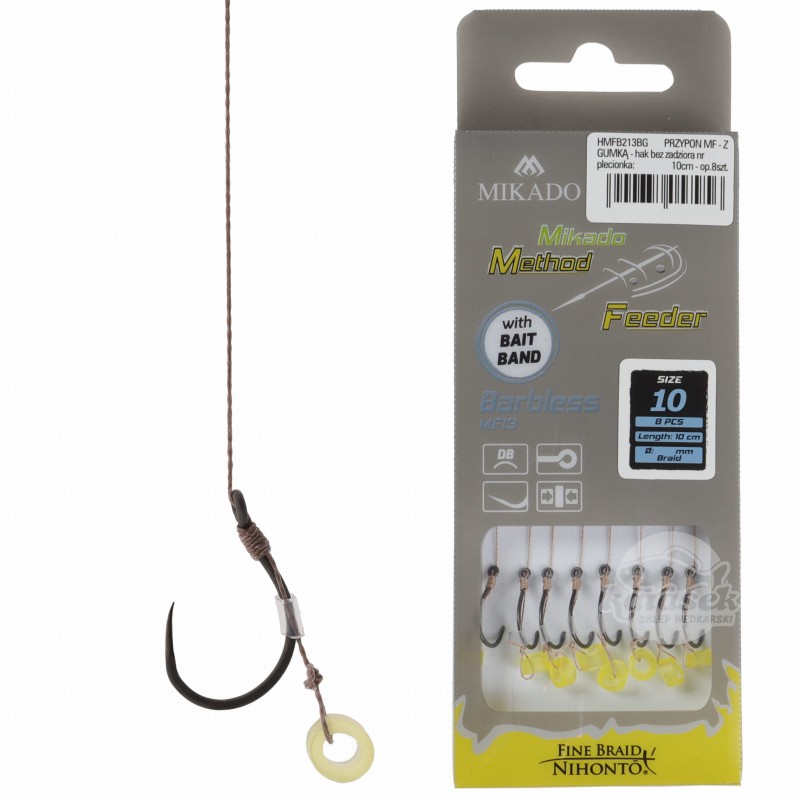 Mikado haczyki 10 BEZZADZIOROWE MF13 z przyponem gumka plecionka Method Feeder