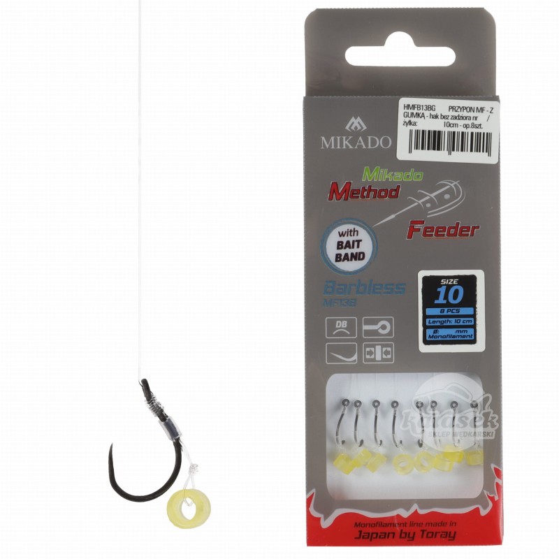 Mikado haczyki 10 BEZZADZIOROWE MF13B z przyponem gumka żyłka