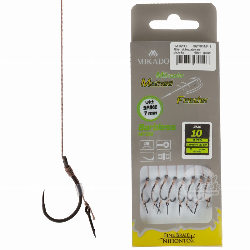 Mikado-haczyki-10-BEZZADZIOROWE-MF13B-z-przyponem-igła-plecionka.jpg
